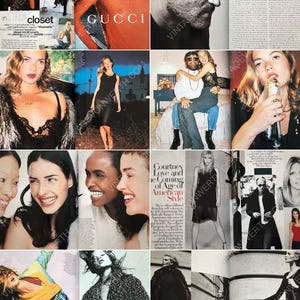May include: A magazine spread featuring various fashion editorials and articles. The spread includes images of models wearing different clothing styles, including a red sweater, a black dress, and a black and white patterned shirt. The magazine also features an article about the coming of age of American style.