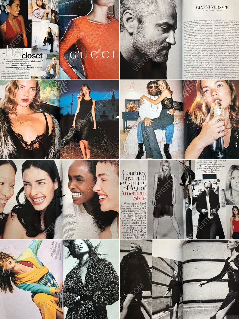 May include: A magazine spread featuring various fashion editorials and articles. The spread includes images of models wearing different clothing styles, including a red sweater, a black dress, and a black and white patterned shirt. The magazine also features an article about the coming of age of American style.