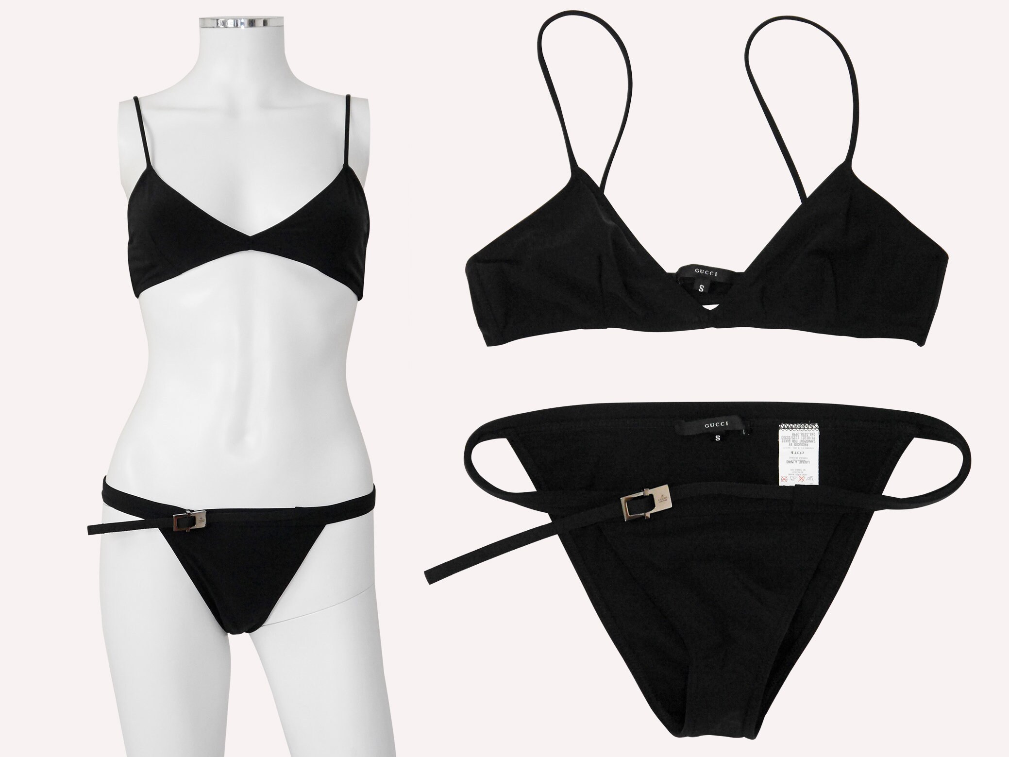 GUCCI por Tom Ford 1999 Vintage Bikini Triangulo Negro Top Low Rise Bottom w Strappy Belt Logo Buckle 1990s Zamasport Size Small Etsy Mexico