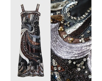 Emilio Pucci c. 1980 Couture Crystal Embellished Evening Dress 100% Silk Vintage Maxi Gown US Size 2-4 XS-S