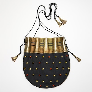YVES SAINT LAURENT 1970s Vintage Black Cotton Metallic Leather Tassel Handbag Shoulderbag Rivets Eveningbag c/Russian Collection Collectible