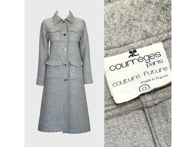 May include: A light gray wool coat with a classic design. The coat features a collared neckline, four front pockets, and button closures. The label reads "Courr&egrave;ges Paris Couture Future made in France."