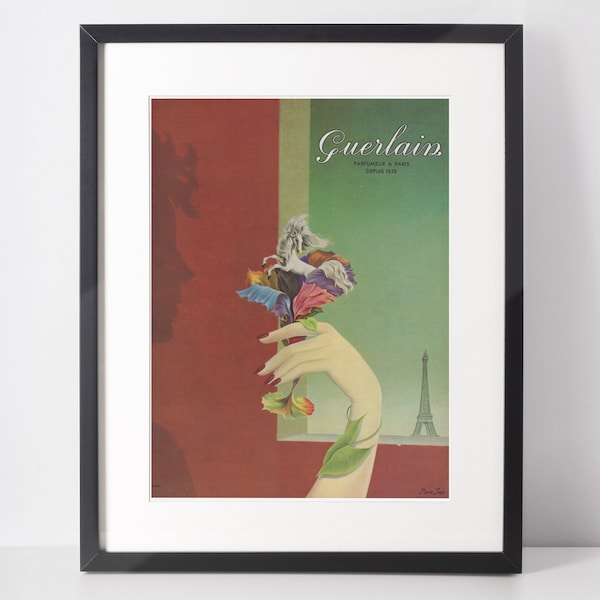 GUERLAIN 1955 Vintage Advertisement 1950s Perfume Fragrance Print Ad Girlfriend Gift Present Pink Wall Art Interior Design Home Decor