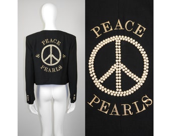 MOSCHINO Couture! Fall 1989 Vintage Peace & Pearls Beaded Jacket Black Cropped 1980s Size Medium US Size 8
