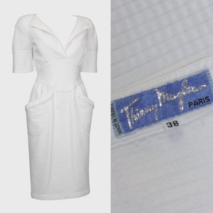 Thierry Mugler 1980s 1990s Vintage White Waffle Weave Sculpted Dress Cotton Midi Day Dress Size XS US 2-4