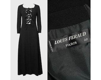 LOUIS FÉRAUD 1960s 1970s Vintage Black Maxi Dress w/ Knotted Front Minimalist Evening Gown Size Small US 6