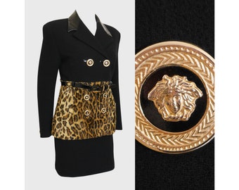 GIANNI VERSACE Couture Fall 1994 Vintage Black & Leopard Skirt Suit Faux Fur Animal Print Patent Leather Belt Medusa Buttons 1990s XS Us 2-4