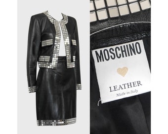 MOSCHINO 1980s 1990s Vintage Mirrored Black Leather Cropped Jacket & Skirt Suit Ensemble Size Small US 6