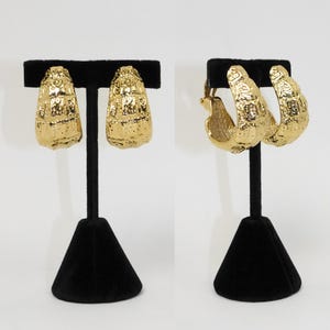 Yves Saint Laurent YSL 1980s Vintage Crocodile Reptile Hoop Clip-On Earrings Gold-Tone Metal Costume Jewelry Statement Jewellery Fashion