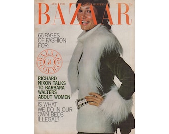 Revista de moda vintage Harper's Bazaar de EE. UU., agosto de 1971, década de 1970, retro, cumpleaños, aniversario, regalo de Navidad, fotos, anuncios.