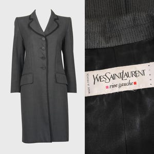 Yves Saint Laurent YSL 1990s Vintage Grey Pinstripe Wool Tailored Coat Business Evening Coat Size Medium Small US 6-8