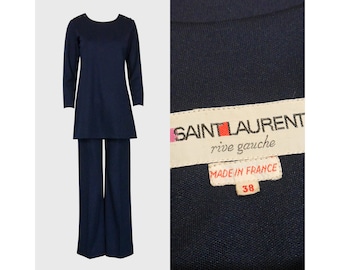 Yves Saint Laurent YSL 1960s 1970s Vintage Dark Blue Tunic Top & Pants Suit Ensemble Set Size XS