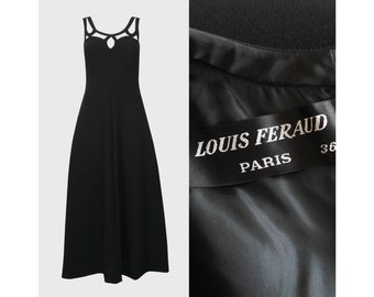 Louis Féraud 1960s 1970s Vintage Black Maxi Dress w/ Openwork Neckline Sleeveless Evening Dress Size XXS-XS US 0-2-4