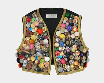 DOLCE & GABBANA Spring 1993 Vintage Button Embellished Cropped Vest Waistcoat 1990s Hippie Collection Size Small US 6