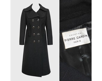 PIERRE CARDIN 1960s Vintage Mod Coat Black Wool Suede Leather Midi Maxi Space Age Jacket US Size 4-6 Xs-Small