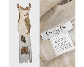 CHRISTIAN DIOR by John Galliano Fall 2001 Vintage Printed Silk Maxi Dress 2000s Evening Gown Beige Skull Size Large