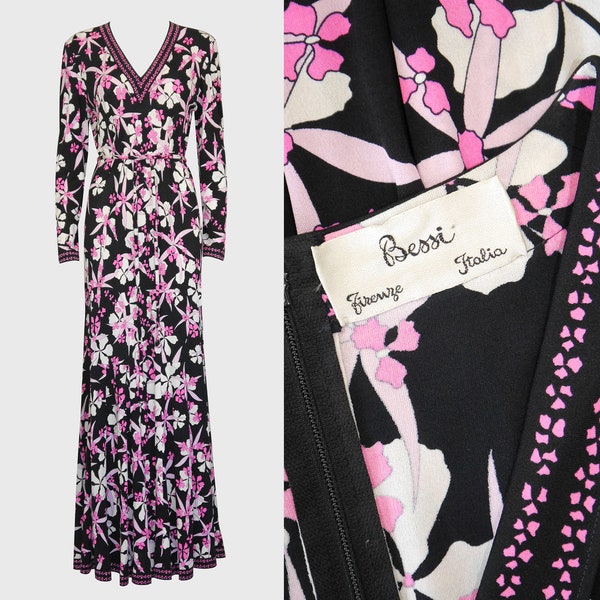 BESSI 1970s Vintage Floral Signature Print Silk Maxi Evening Dress Gown w/ Belt Averardo Bessi Unworn Size XL US 14