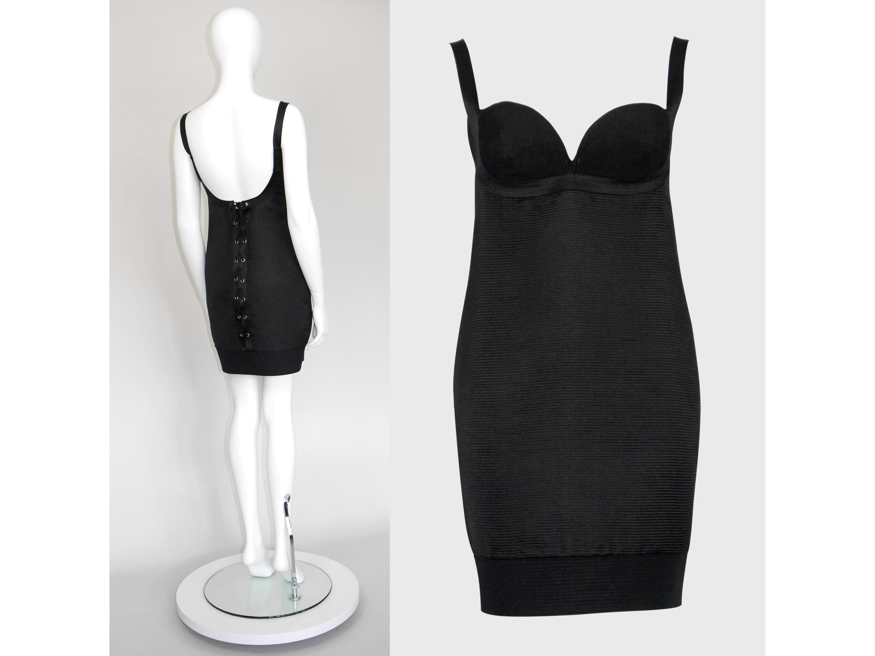 GIANNI VERSACE 1992 Vintage Black Silk Backless Lace-Up Corset Bustier Mini Dress 1990s Cocktail Party Lingerie Bodycon Dress Size XS Us 2-4