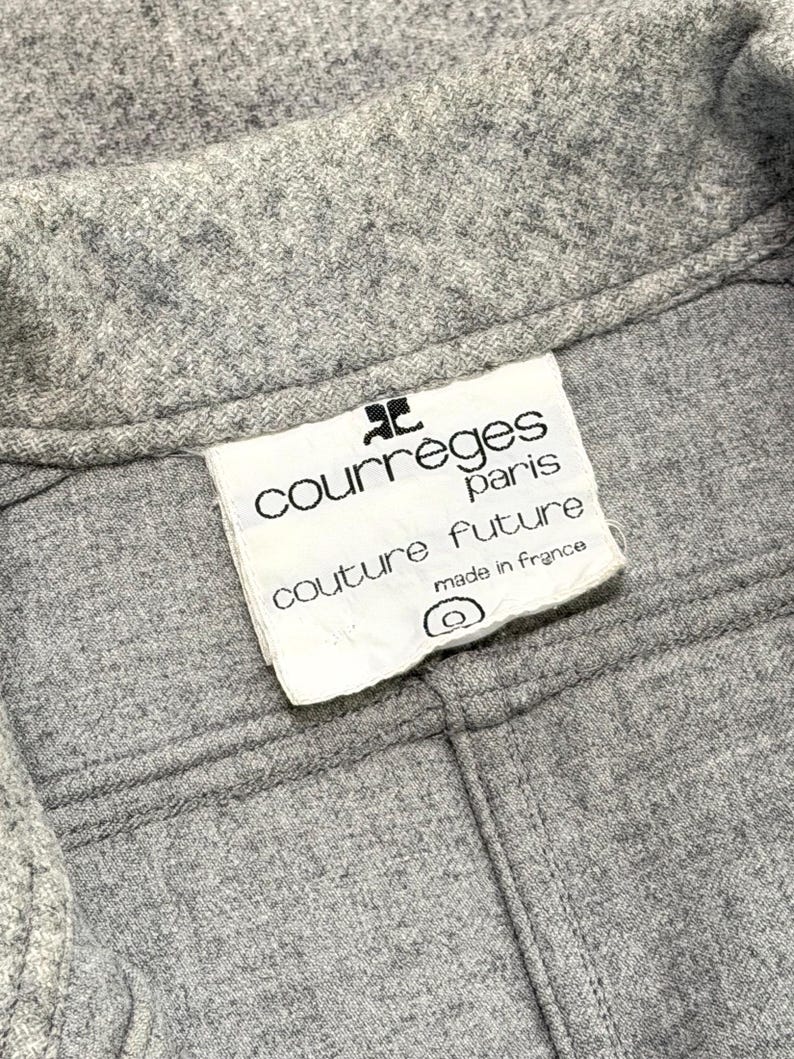 COURRÈGES Couture Future 1970s Vintage Coat w/ Flap Pockets High Back Vent Slit Grey Wool Transitional Season XS-Small US 2-4-6 image 12