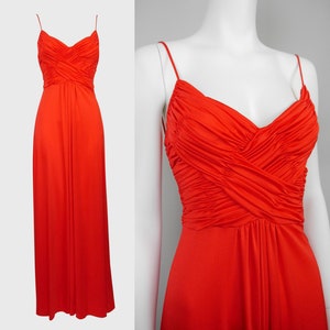 Loris Azzaro 1970s Vintage Draped Red Jersey Maxi Evening Dress Goddess Gown Size XS US 2-4