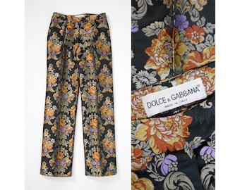 DOLCE & GABBANA 1990s Vintage Floral Jacquard Evening Pants w/ Silk Gold Orange Purple Trousers Size IT 42