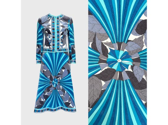 Emilio Pucci, EMILIO PUCCI 1974 Vintage Manila Print Velvet Cropped Jacket & Midi Skirt Suit Set Separates 1970s Collectible Size Us 2-4 XS