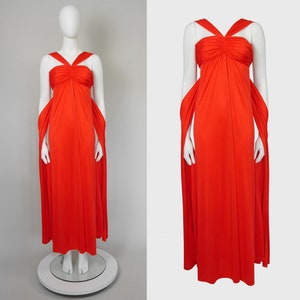 Loris Azzaro 1970s 1980s Vintage Red Maxi Evening Dress w/ Stole Draped Jersey Goddess Gown Size XXS-XS US 0-2-4