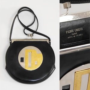 PIERRE CARDIN 1960s Vintage Collectible Space Age Handbag Shoulderbag Evening Bag Black Metal Disc Appliqué Mod