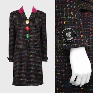 MOSCHINO 1990s Vintage &quot;Push for Nature&quot; Bouclé Jacket & Skirt Suit Novelty Felt Buttons Black Rainbow Size Small-Medium US 6-8