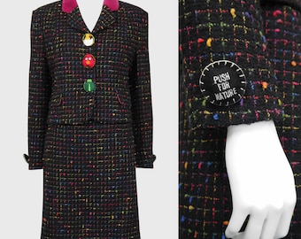 MOSCHINO 1990s Vintage "Push for Nature" Bouclé Jacket & Skirt Suit Novelty Felt Buttons Black Rainbow Size Small-Medium US 6-8