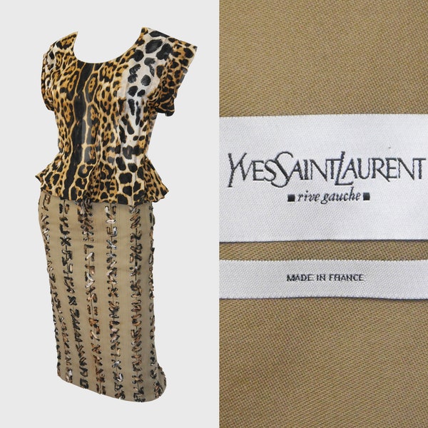Yves Saint Laurent by Tom Ford 2000s Vintage YSL Spring 2002 3 Pc. Leopard Safari Skirt Suit Jacket Top Khaki Silk Cotton Size XS US 2-4