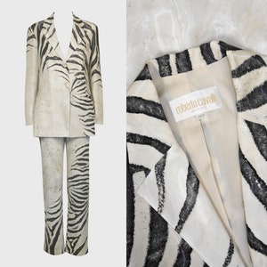 ROBERTO CAVALLI Spring 1999 Vintage Zebra Print Oversized Silk Jacket & Denim Pants Suit 1990s Animal Print Size Medium US 8