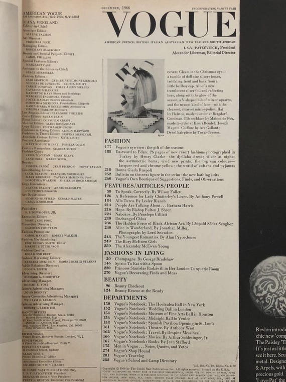 VOGUE 米国版 12月号 ヴィンテージ雑誌 VOGUE US December 1966 Vintage Fashion Magazine 1960s Retro