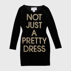 MOSCHINO 1990s Vintage &quot;Not Just A Pretty Dress&quot; Studded Stretch Velvet Dress Black Iconic Gold Stud Slogan Print Size US 10 Large
