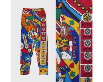 MOSCHINO 1990s Vintage Iconic Pinball Print Leggings Cotton Jersey Spandex Pants Size Large US 10