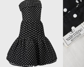 VALENTINO 1980s Vintage Black & White Polka Dot Cocktail Dress Silk Duchesse Party Evening Gown Size XS US 2-4