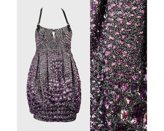 ROBERTO CAVALLI 2000s Vintage Fully Beaded Sequined Harness Mini Dress Balloon Skirt Amethyst Purple Gunmetal Silver Size XS