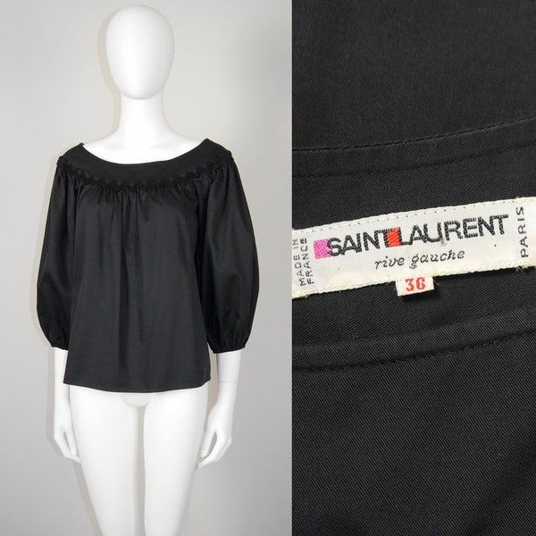 Yves Saint Laurent YSL Spring 1977 Spanish Collection Black Peasant Blouse 1970s Vintage Balloon Sleeves Rick Rack Details Size XS US 2-4
