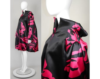 CHRISTIAN LACROIX Fall 1999 Vintage Oversized Floral Silk Evening Coat Black Pink 1990s Sculptural Runway Piece One-Size