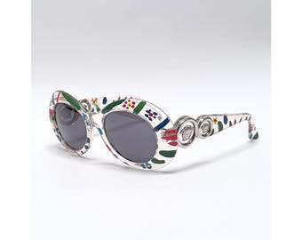 GIANNI VERSACE Frühling 1996 Mod. 418 Col. C1D Vintage Medusa Sonnenbrille mit Transparentem Handbemalten Rahmen 1990er Brille Rund Oversized