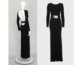 GUCCI by Tom Ford Fall 1996 Vintage Backless Maxi Evening Dress w/ Logo Belt Black Jersey Gown Size XXS-XS Us 0-2-4