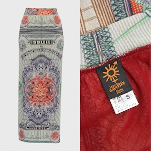 Jean Paul Gaultier 1990s Vintage Money Bank Note Print Maxi Skirt Pareo Mesh Wrap Skirt Soleil Size US 2-4-6 XS-Small