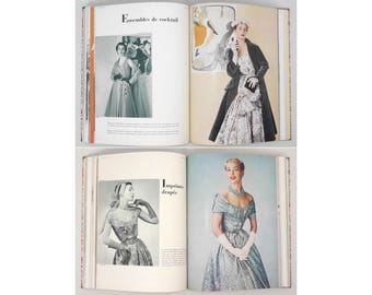 May include: Two pages from a vintage fashion magazine featuring models wearing elegant dresses. The first page features a model in a black and white dress with a black jacket. The second page features a model in a light blue dress with a white collar.