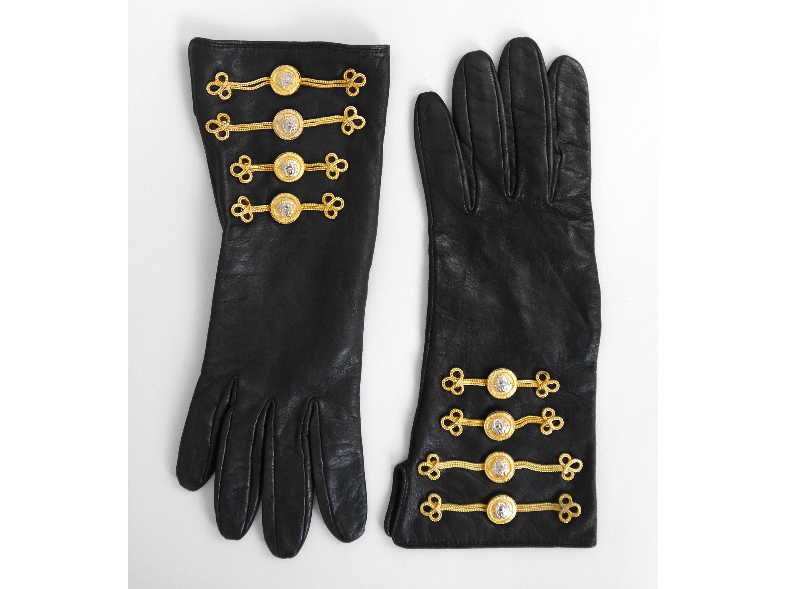 GIANNI VERSACE Fall 1993 Vintage Black Leather Gloves w/ Chain & Medusa Head Embellishments Gold Silver Tone Metal 1990s Accessories Size L