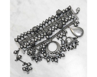 CHRISTIAN DIOR by John Galliano 1990s 2000s Vintage Ultra Wide Statement Bracelet Silver-Tone Jewelry Beaded Hoops Pendant Charms