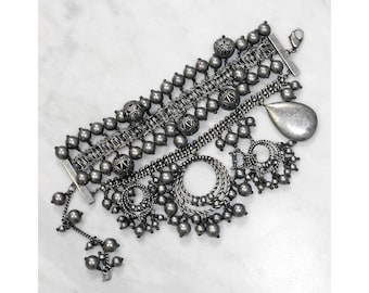 CHRISTIAN DIOR by John Galliano 1990s 2000s Vintage Ultra Wide Statement Bracelet Silver-Tone Jewelry Beaded Hoops Pendant Charms