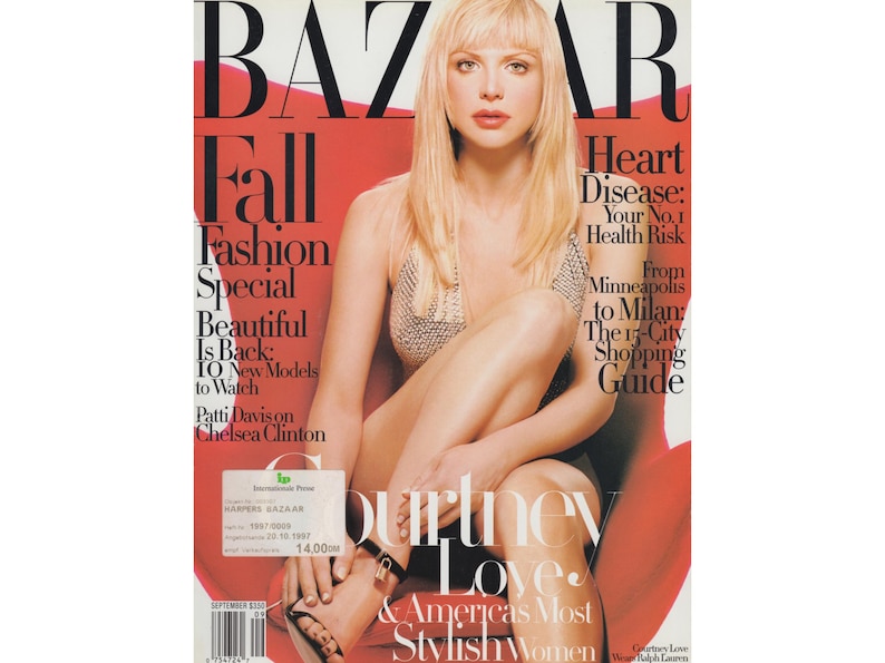 May include: A magazine cover featuring a woman with blonde hair wearing a silver mesh top. The magazine is titled "Harper's Bazaar" and the cover story is "Courtney Love & America's Most Stylish Women".