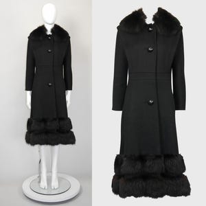 PIERRE CARDIN 1960s 1970s Vintage Black Wool Coat w/ Dark Brown Fox Fur Collar & Trim Space Age Design Winter Warm Collectible Size XS-S