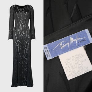 THIERRY MUGLER 1990s 2000s Vintage Black Thorn Devoré Maxi Evening Dress Gown Burnout Silk Velvet Gothic Dark Size Large-XL Us 10-12