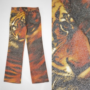 Jupe Vintage Roberto Cavalli Automne 2000 - Imprimé Tigre Denim, Taille XS, Style Crayon